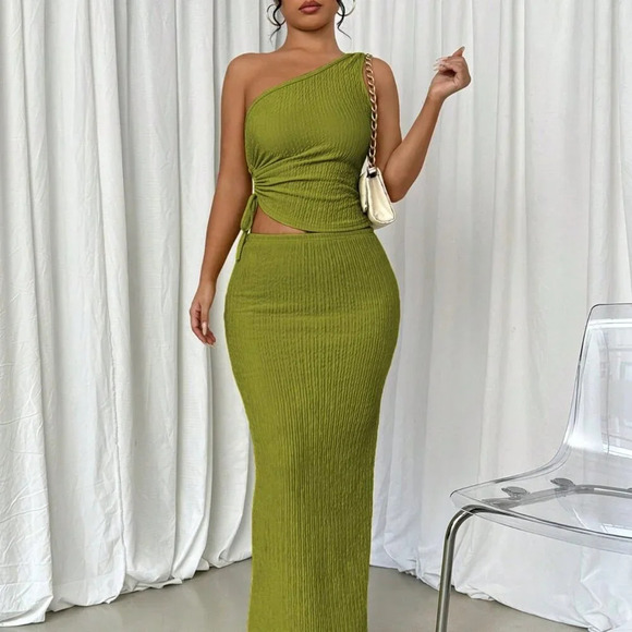 Olive Green Elegant Women's Cutout Drawstring Blouse And Mini Skirt - Picture 5 of 6